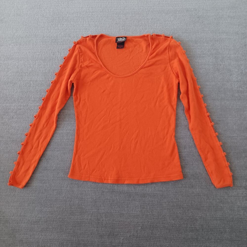 Y2K Biker Design Shirt Women M Orange Scoop Neck Knit Sleeve Cutouts Moto Fitted